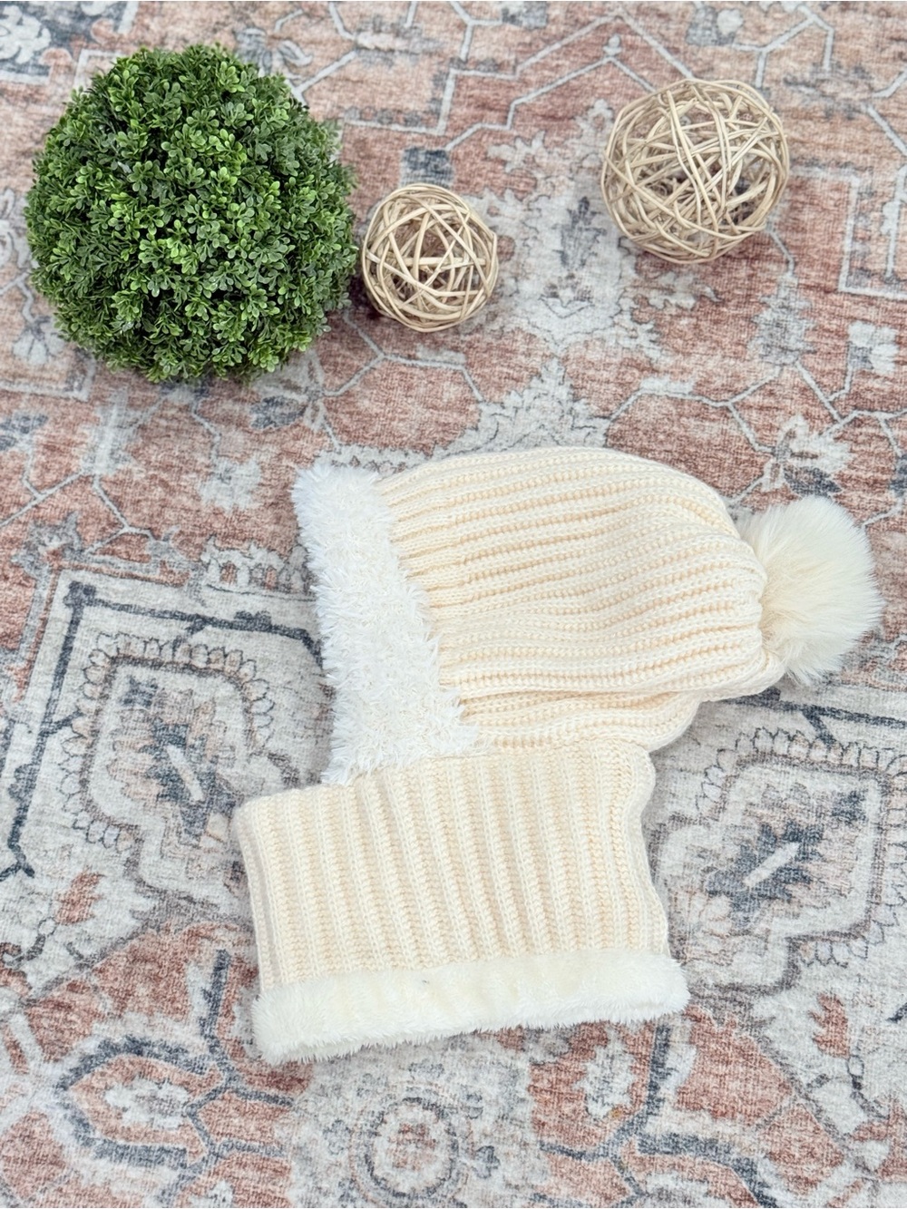 Cream Knit Pom Pom Kids Hat and Neck Warmer Set